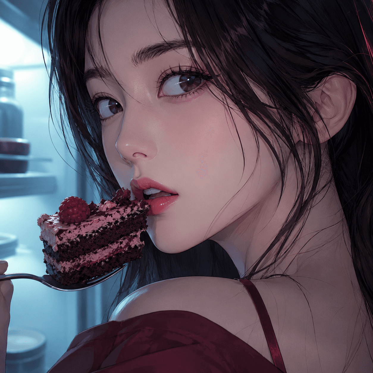 냉장고 앞에서 초콜릿 케이크를 먹기 직전인 여성 웹툰 일러스트